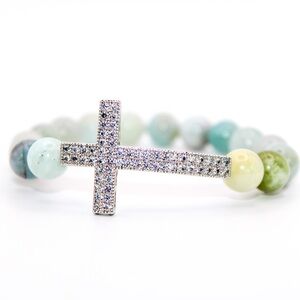 Elegant Silver Cross Bracelet with Aquamarine Beads